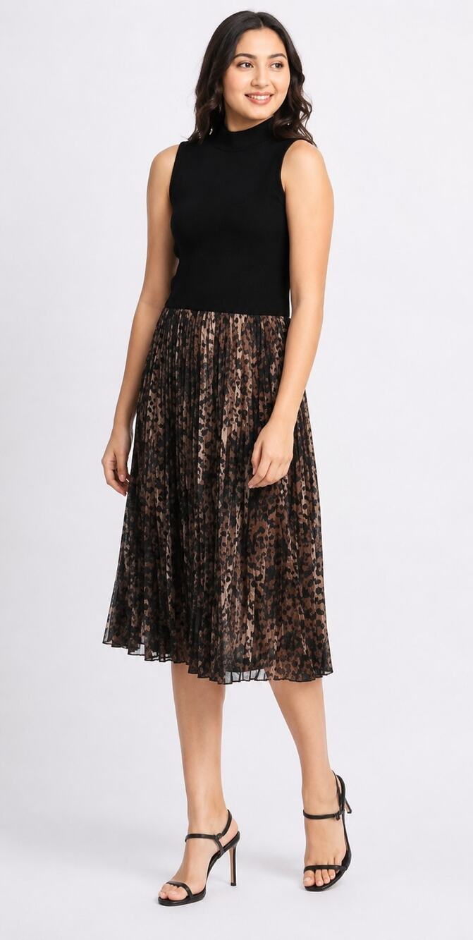 FORTUNE + IVY Womens Jersey Leopard Pleated Midi Dress Small Black Multi NWOT